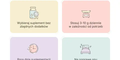Glicyna co to? Wybieraj suplement bez dodatków, stosuj 3-10g dziennie. Na poprawę snu przyjmuj na noc. Pora dnia nie ma znaczenia.