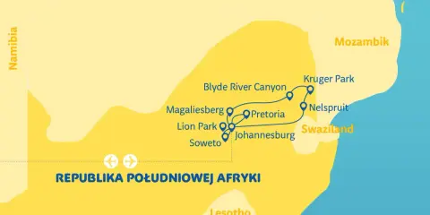Mapa turystyczna południowej Afryki, pokazująca trasę przez Botswanę, RPA, Zimbabwe, Mozambik i Swazi.