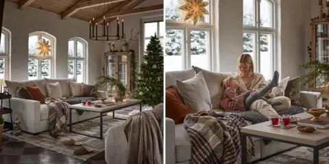 Mysig jul inspiration med familjen i soffan. Snö utanför fönstret, gran och stjärna i taket.