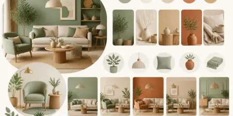Inspiration déco salon avec un nuancier vert sauge. Ambiance douce et naturelle avec canapés, fauteuils, plantes et accessoires.