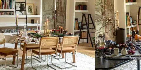 Ambiance chaleureuse pour aménager salle à manger : chaises cannées, table dressée avec bougies, fruits et feuillage.