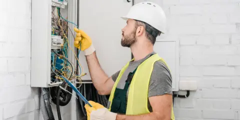 Un électricien artisan, casque blanc et gants jaunes, manipule des fils dans un tableau électrique.
