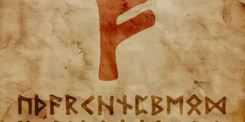 Runa Fehu, jak zrobić, na starym pergaminie. Widoczne runy F, U, TH, A, R, K, N, H, I, J, P, Z, S, T, B, E, M, L, NG, D, O.