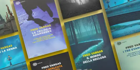 Copertine di libri di Fred Vargas, tra cui "La trilogia Adamsberg" e "Il morso della reclusa", che evocano mistero e suspense.