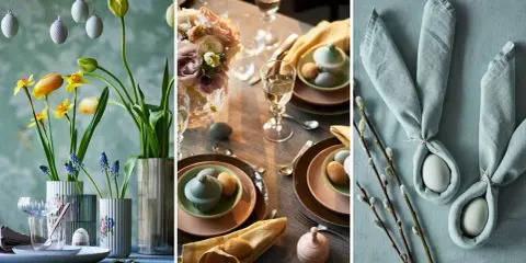 Vårens dukning med tulpaner, påskägg och kaninöron av servetter. Duka till påsk med dessa inspirerande detaljer.