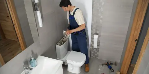 Instalator montuje WC kompakt z odpływem pionowym. W łazience widać umywalkę, lustro i narzędzia.