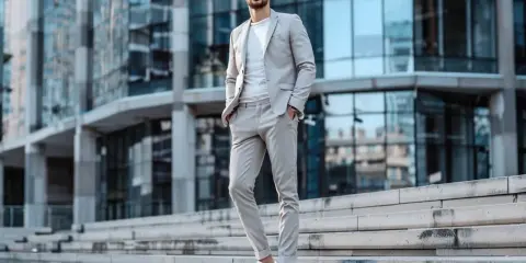 Ein Mann trägt einen hellgrauen Anzug mit weißem T-Shirt und Sneakern. Er steht auf einer Treppe vor einem modernen Gebäude.