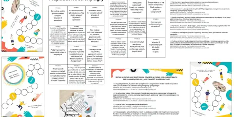 Gra w skojarzenia: plansza z pytaniami o asertywności, emocjach i relacjach.