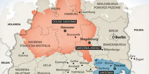 Mapa Niemiec z zaznaczonymi regionami. Sasi byli ludem germańskim, którego ziemie znajdowały się na terenie dzisiejszej Saksonii.