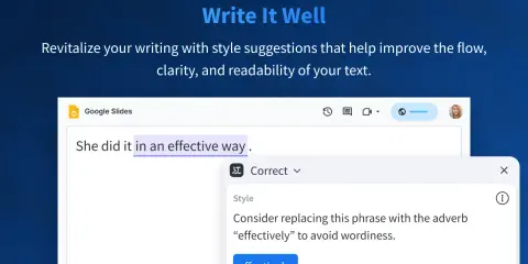 Un language tool suggerisce di sostituire "in an effective way" con "effectively" per rendere il testo più conciso.