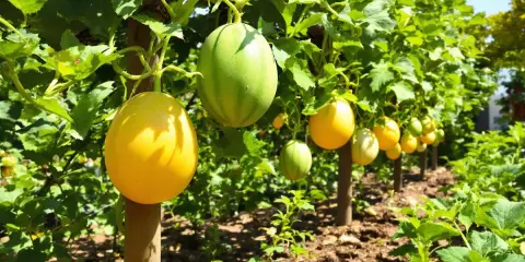 Un jeune plant de melon prometteur, avec des fruits jaunes et verts suspendus à des tuteurs.