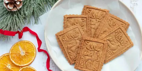 Assiette de sablés rennes de Noël, décorée de branches de sapin givrées, de ruban rouge et de tranches d'orange séchée.