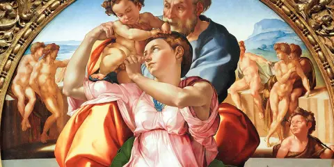 Le tableau de Michel-Ange représente la Sainte Famille avec des figures nues en arrière-plan.