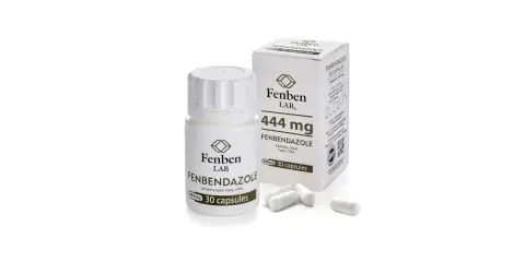 Opakowanie i kapsułki Fenbendazolu 444 mg od Fenben LAB. Produkt laboratoryjnie testowany, czystość >99%. Fenbendazol dla ludzi.