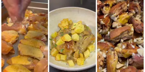 Preparación de pollo al ajillo: trozos de pollo crudo, plato servido con patatas y salsa, y pollo horneado con ajos.