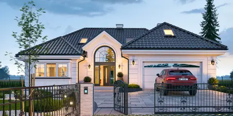 Elegancki dom dworek projekt z podjazdem, garażem i czerwonym Audi. Piękny ogród i kuta brama dodają uroku.