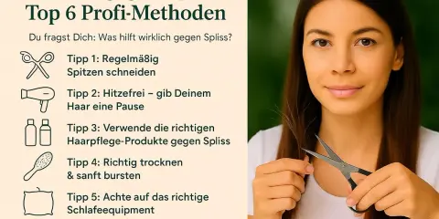 Frau schneidet sich die Spitzen, um Spliss zu bekämpfen. Tipps gegen Spliss: Spitzen schneiden, Hitzefrei, richtige Pflege, sanft trocknen, gutes Schlafequipment, gesunde Ernährung.