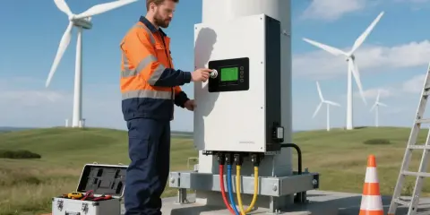 Technik przy panelu sterowania falownika, który zamienia prąd stały na zmienny. W tle farmy wiatrowe.
