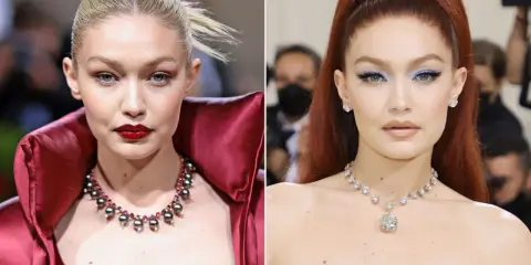 Gigi Hadid deslumbró en la Met Gala con dos looks icónicos: uno rojo vibrante y otro con un collar de diamantes.