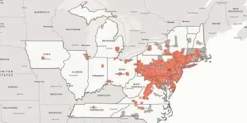 Map showing the spread of a spotted lanternfly infestation across the northeastern United States, with red areas indicating affected regions.