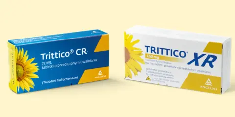 Dwa opakowania leku Trittico na sen: Trittico CR 75 mg i Trittico XR 150 mg, oba z motywem słonecznika.
