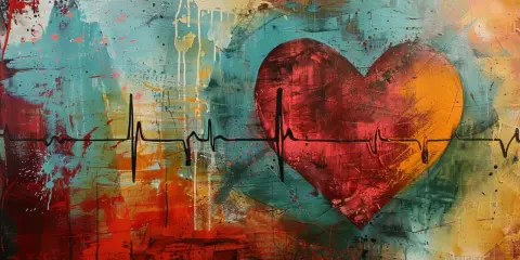 Abstrakcyjne serce z linią EKG, symbolizujące arytmię serca. Tło pełne kolorowych plam i smug.