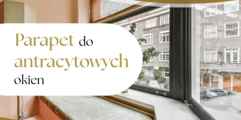 Elegancki parapet do antracytowych okien, z widokiem na kamienicę i ulicę.