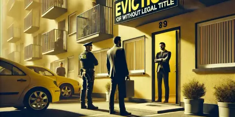 Egzekutor przed drzwiami, gdzie mieszka lokator bez umowy najmu i zameldowania. Znak "EVICTION" sugeruje problem.