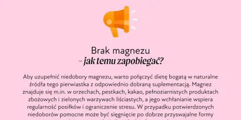 Grafika informuje o tym, jak zapobiegać niedoborom magnezu. Wskazuje na dietę bogatą w naturalne źródła magnezu i suplementację.