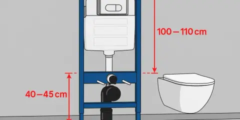 Schemat instalacji podtynkowej WC. Wymiary: 100-110 cm wysokości stelaża, 40-45 cm od podłogi do przyłącza.