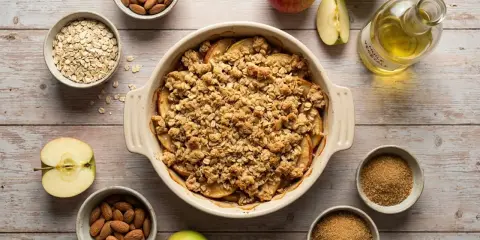 Crumble aux pommes dans un plat, entouré de pommes, d'amandes, de flocons d'avoine et de sucre brun.