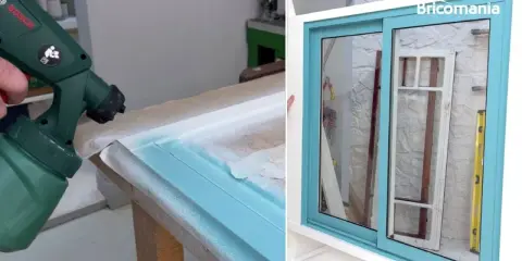Pistola Bosch pintando marco de ventana de aluminio de color azul turquesa. El resultado es una ventana renovada y brillante.