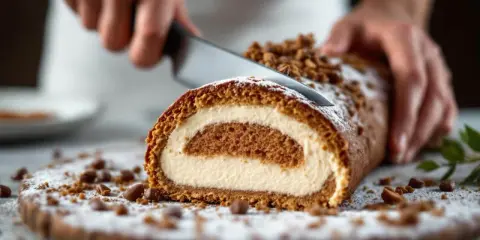 Une main coupe une tranche de roulé à la crème, garni de miettes croustillantes pour buche. Saupoudré de sucre glace.