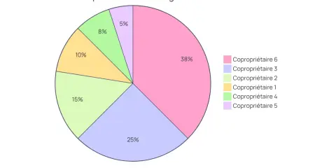 Répartition des charges pour la tantième copro : le copropriétaire 6 paie 38%, le 3 paie 25%, le 2 paie 15%, le 1 paie 10%, le 4 paie 8% et le 5 paie 5%.