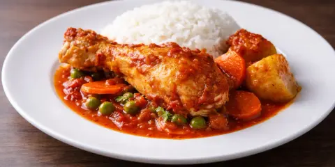 Estofado de pollo con arroz blanco, zanahorias y guisantes en una salsa roja.