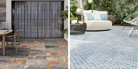 Deux terrasses : une avec un carrelage extérieur imitation ardoise, l'autre avec un carrelage extérieur bleu et blanc à motifs.