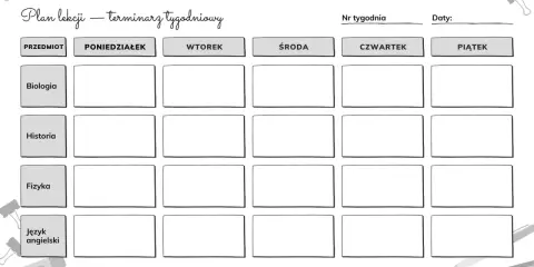 Plan lekcji z przedmiotami: Biologia, Historia, Fizyka, Język angielski. Taki terminarz tygodniowy to początek naszej edukacyjnej historii kalendarza.