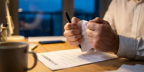 Zastanawiasz się, od kiedy liczy się 1-miesięczny okres wypowiedzenia? Mężczyzna w białej koszuli rozrywa kalendarz, symbolizując trudne decyzje.