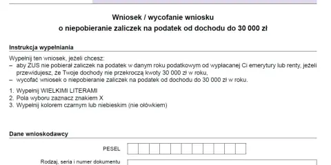Formularz ZUS EPD-21: wniosek o niepobieranie zaliczek na podatek od dochodu do 30 000 zł. Instrukcja wypełniania i dane wnioskodawcy.