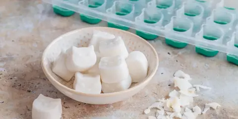 Kleine, weiße Eiswürfel in Katzenform liegen in einer Schale. Sie sind das Ergebnis von kokosmilch einfrieren. Daneben eine leere Eiswürfelform.