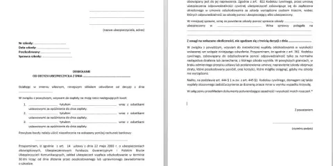 Formularz odwołania od decyzji ubezpieczyciela, zawierający dane szkody, uzasadnienie i żądanie zapłaty.
