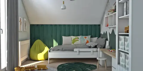 Pokój dziecka z zieloną ścianą, łóżkiem, pufą i zabawkami.