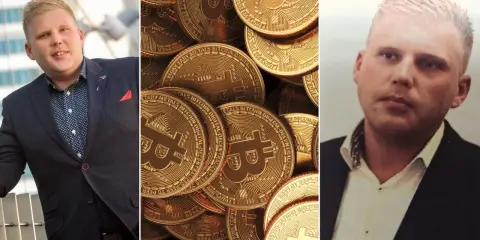 Sylwester Suszek nie żyje. Trzy panele: mężczyzna w garniturze, stos złotych monet Bitcoin, zbliżenie na twarz mężczyzny.