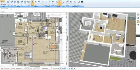 Grundriss und 3D-Ansicht eines modernen Fertighauses auf einem schmales Grundstück.