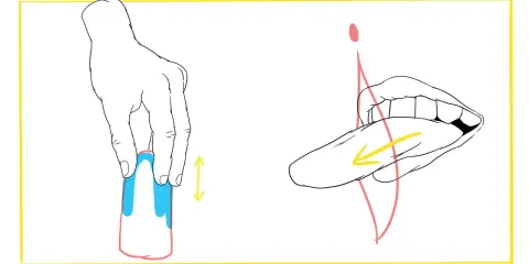 Dłoń trzymająca przedmiot, obok usta z językiem. Ilustracja pokazuje techniki seksu bez penetracji.