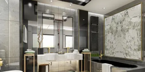 Bagni bellissimi immagini: un bagno moderno con vasca nera, doppio lavabo, specchi e finiture in marmo e oro.