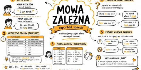 Ilustracja wyjaśnia mowę zależną (reported speech) z przykładami, zmianami czasów, zaimków i okoliczników.