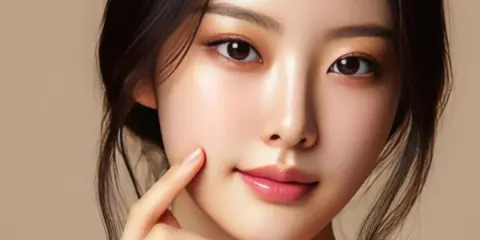 Rostro de mujer con un toque de maquillaje coreano en los ojos, piel radiante y un tarro de crema.