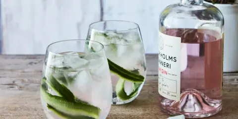 Två glas med rabarber gin & tonic, is och gurka. Bredvid står en flaska rosa gin.