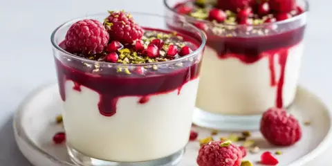 Två glas med krämig dessert, toppad med hallon, granatäppelkärnor och pistagenötter. Ett perfekt recept för en festlig avslutning.